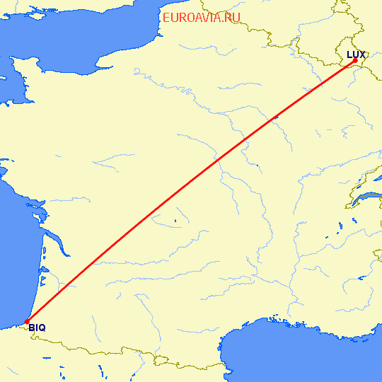 перелет Люксембург — Биарриц на карте