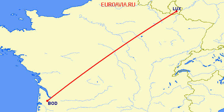 перелет Люксембург — Бордо на карте