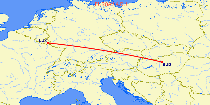 перелет Люксембург — Будапешт на карте