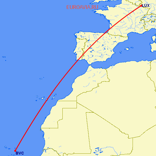 перелет Люксембург — Boa Vista на карте