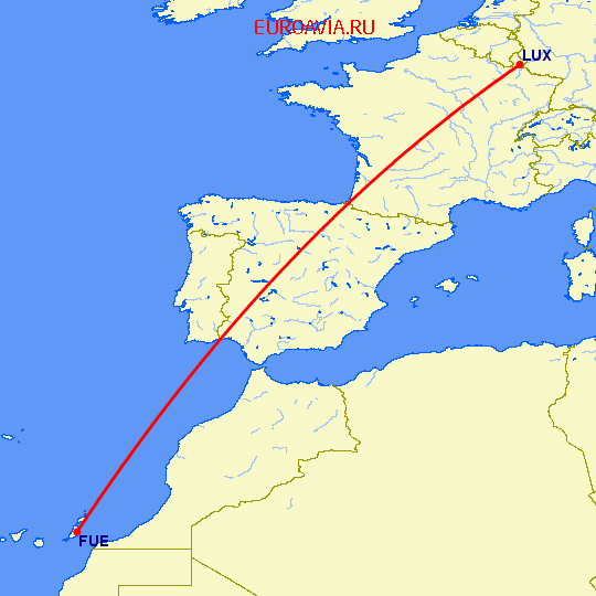 перелет Люксембург — Пуэрто дель Росарио на карте