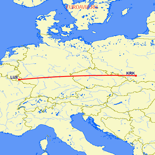 перелет Люксембург — Краков на карте