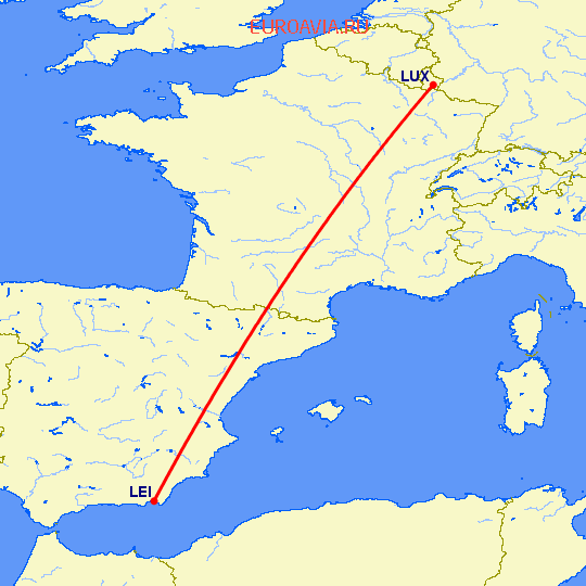перелет Люксембург — Алмерия на карте
