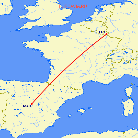 перелет Люксембург — Мадрид на карте