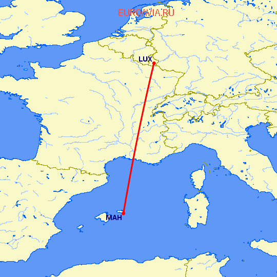 перелет Люксембург — Менорка на карте