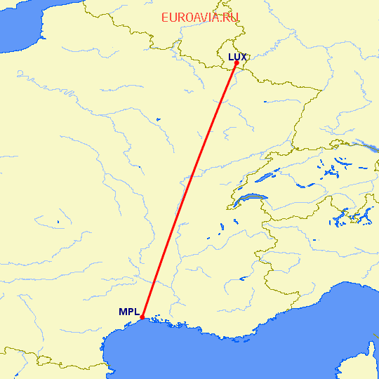 перелет Люксембург — Монпелье на карте
