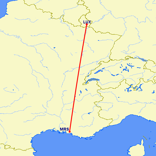 перелет Люксембург — Марсель на карте