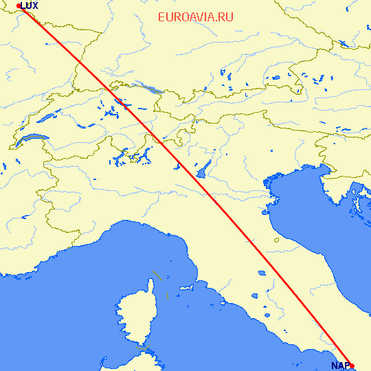 перелет Люксембург — Неаполь на карте
