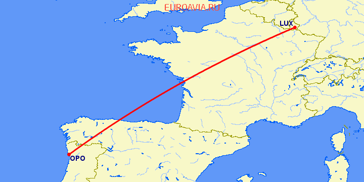 перелет Люксембург — Порту на карте