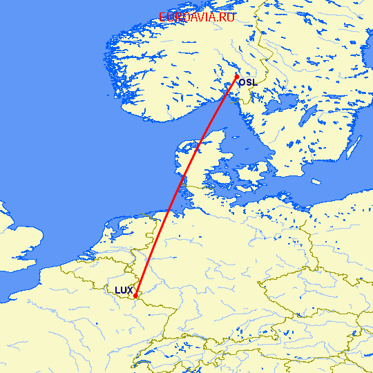 перелет Люксембург — Осло на карте