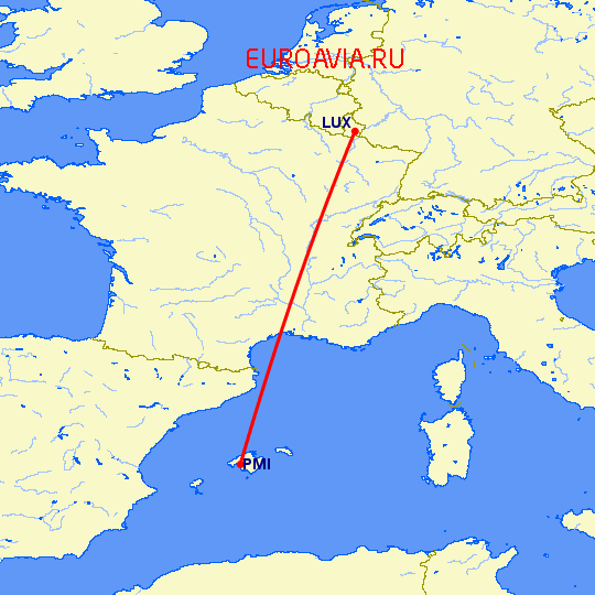 перелет Люксембург — Пальма де Майорка на карте