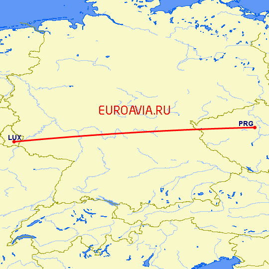перелет Люксембург — Прага на карте