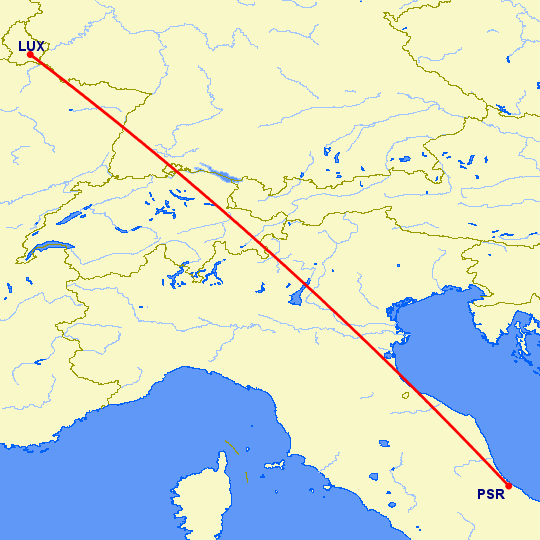перелет Люксембург — Пескара на карте