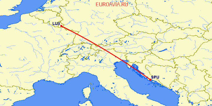 перелет Люксембург — Сплит на карте