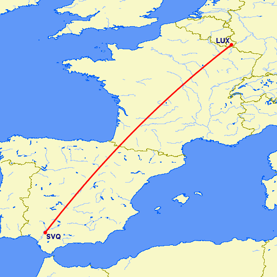 перелет Люксембург — Севилья на карте