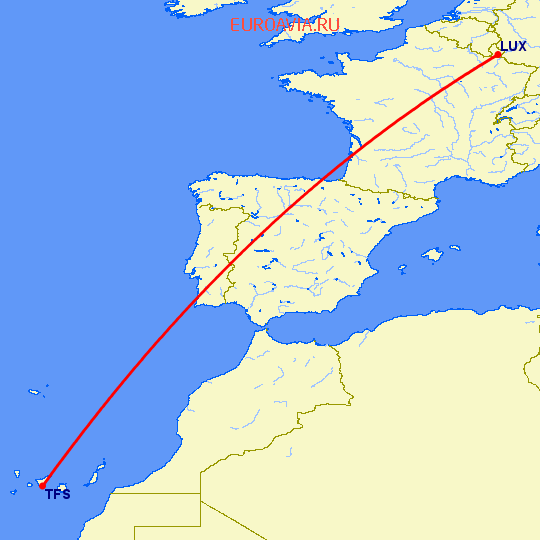 перелет Люксембург — Тенерифе на карте