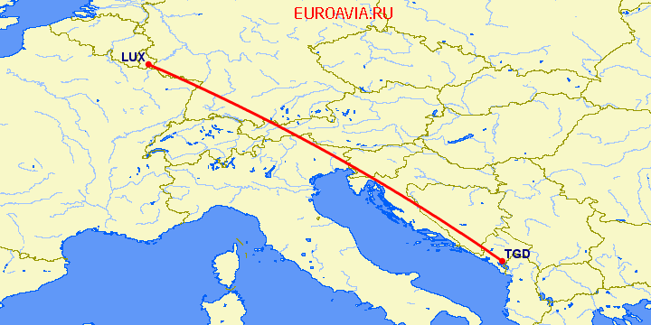 перелет Люксембург — Подгорица на карте