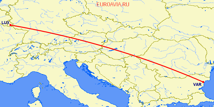 перелет Люксембург — Варна на карте