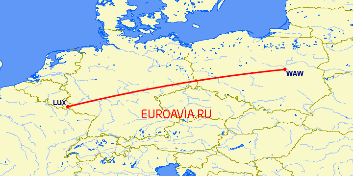 перелет Люксембург — Варшава на карте