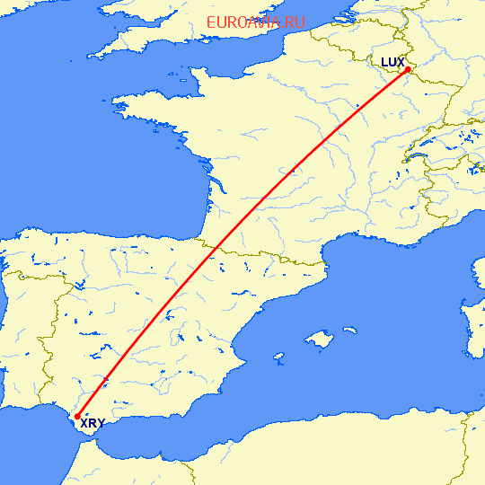 перелет Люксембург — Херес де ла Фронтера  на карте
