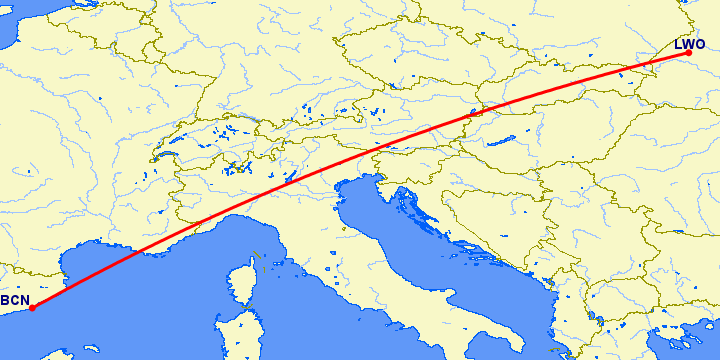 перелет Львов — Барселона на карте