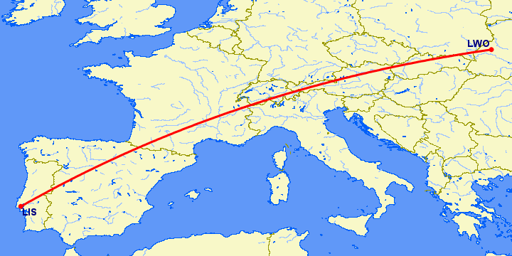 перелет Львов — Лиссабон на карте