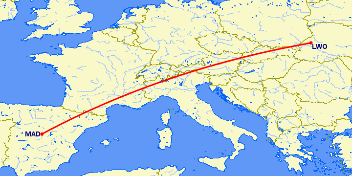 перелет Львов — Мадрид на карте