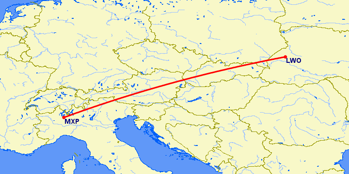 перелет Львов — Милан на карте