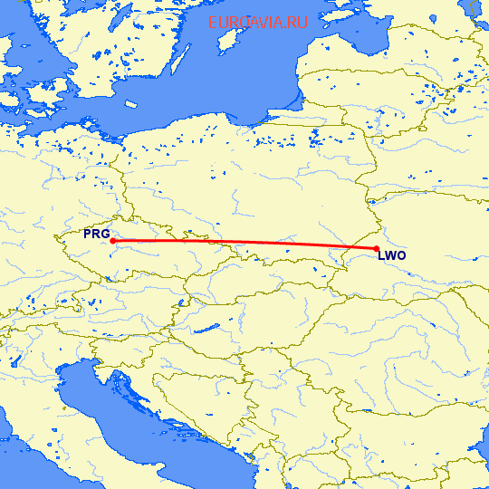 перелет Львов — Прага на карте