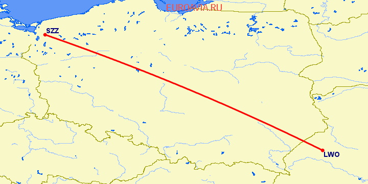 перелет Львов — Щецин на карте