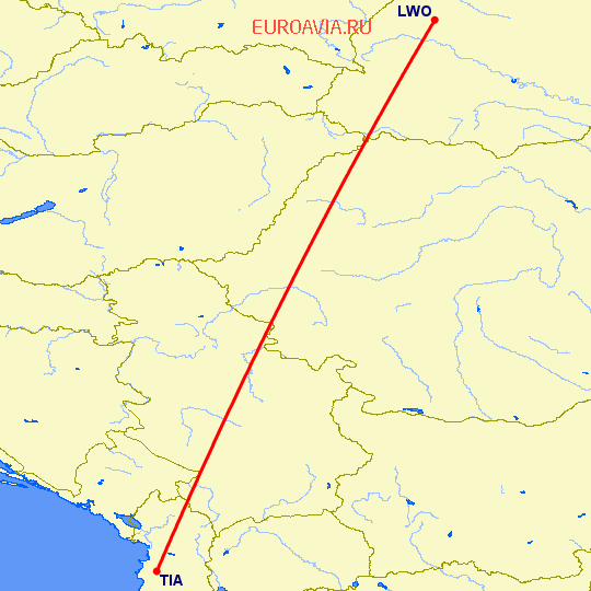 перелет Львов — Тирана на карте