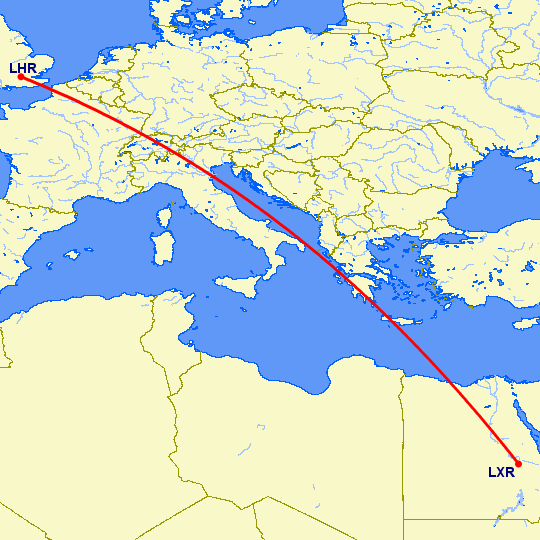 перелет Луксор — Лондон на карте