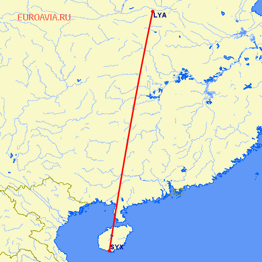 перелет Люян — Санья на карте
