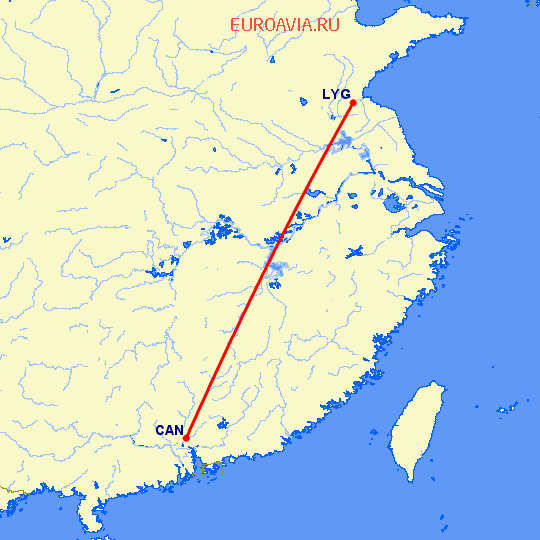 перелет Лианьюнан — Гуанчжоу на карте