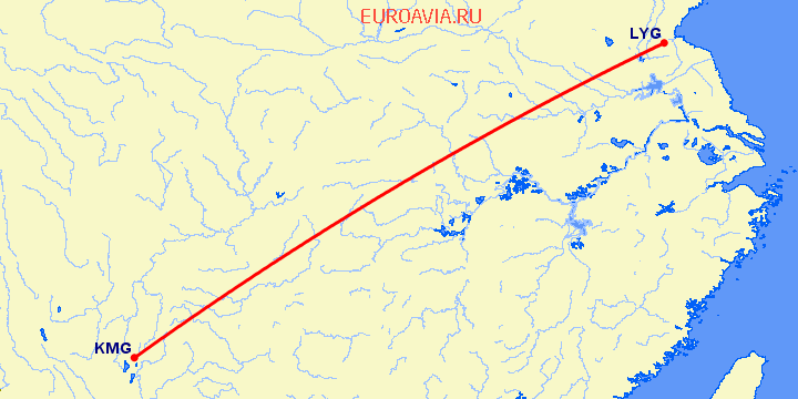 перелет Лианьюнан — Кунминг на карте