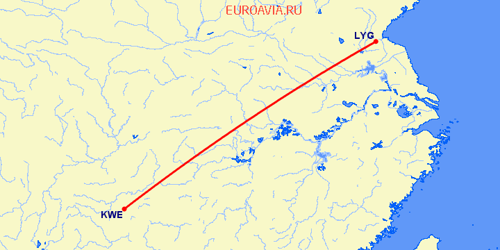 перелет Лианьюнан — Гуйянг на карте
