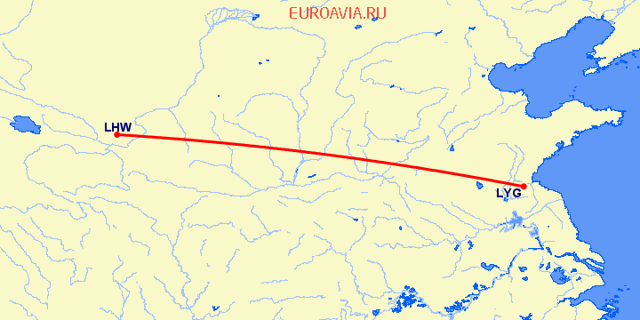 перелет Лианьюнан — Ланчжоу на карте