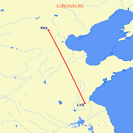 перелет Лианьюнан — Пекин на карте