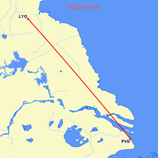 перелет Лианьюнан — Шанхай на карте