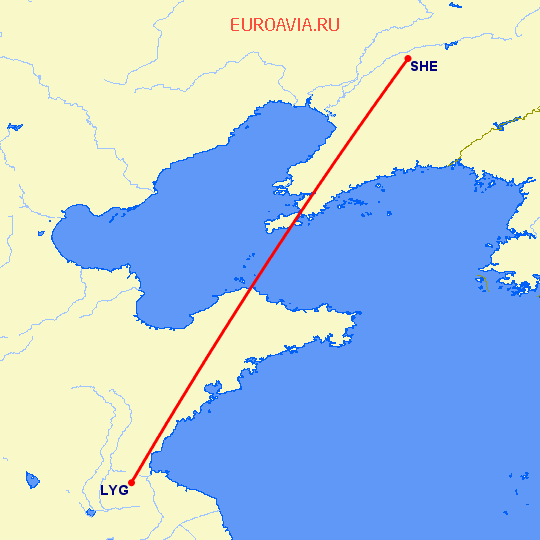 перелет Лианьюнан — Шеньян на карте