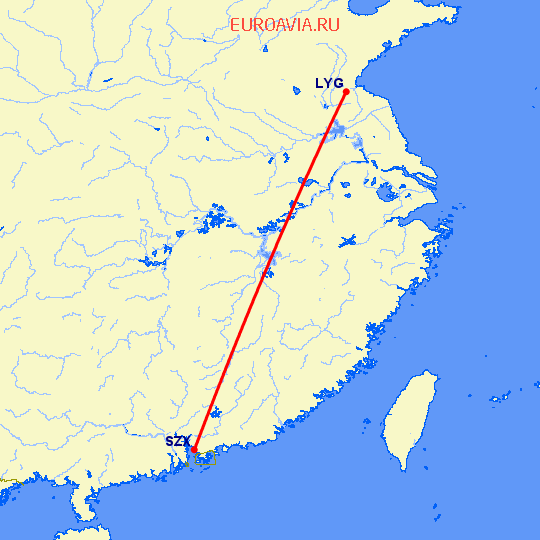 перелет Лианьюнан — Шэньчжэнь на карте