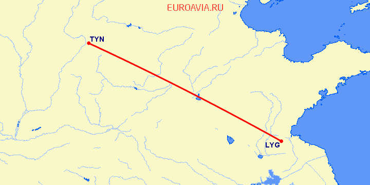 перелет Лианьюнан — Тайюань на карте