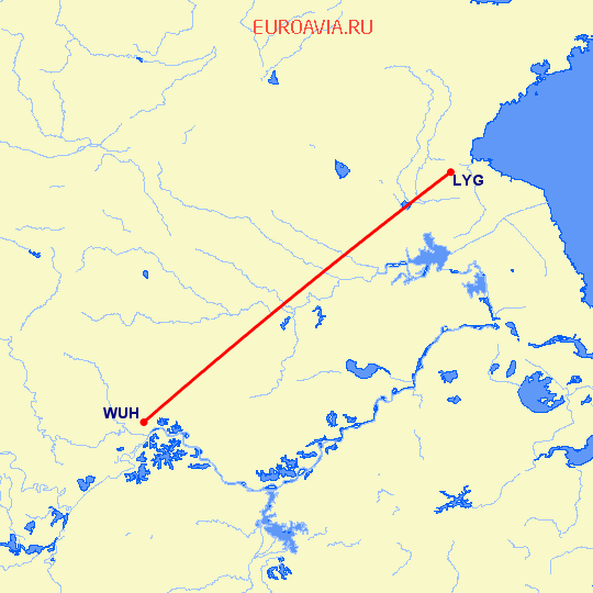 перелет Лианьюнан — Вухан на карте