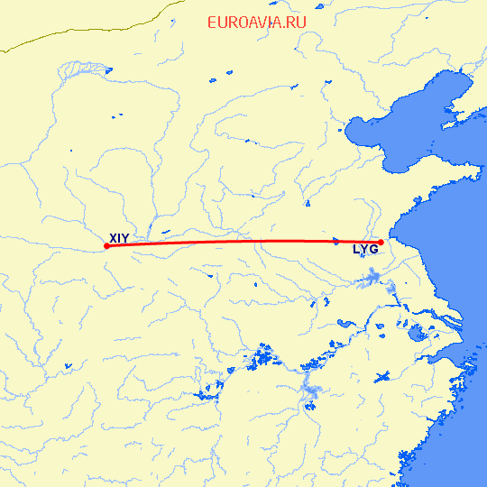 перелет Лианьюнан — Синьян на карте