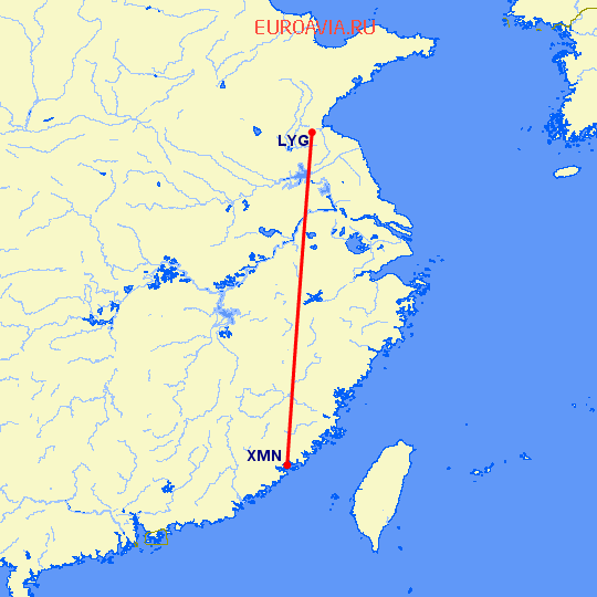 перелет Лианьюнан — Сямэнь на карте