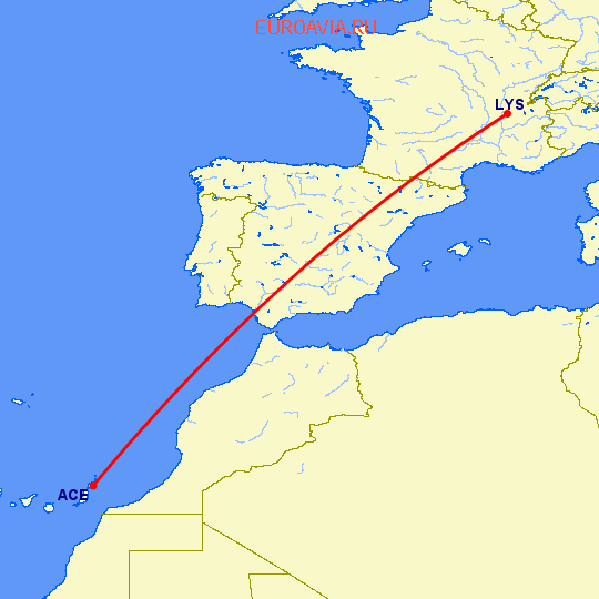перелет Лион — Арресифе на карте