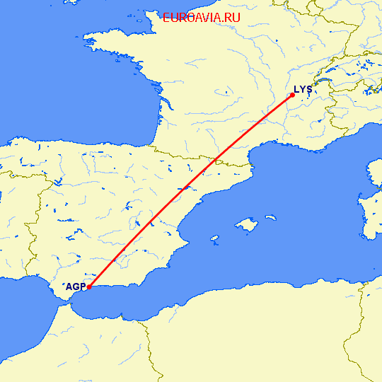 перелет Лион — Малага на карте