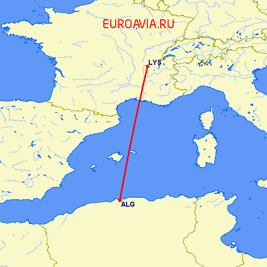 перелет Лион — Алжир на карте