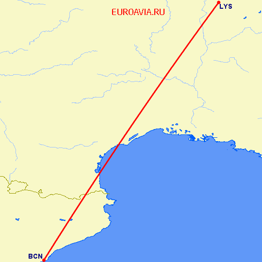 перелет Лион — Барселона на карте