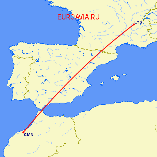 перелет Лион — Касабланка на карте